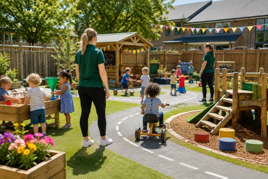 Children learning with hands-on resources in a bright early years classroom